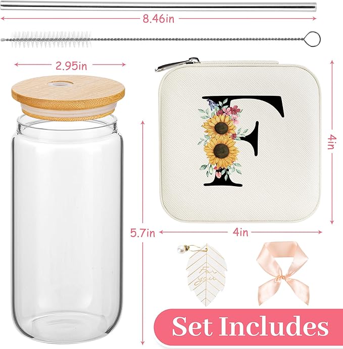 AYGXU Bridesmaid proposal gifts,Travel Initial Jewelry Box for Girls,Travel Jewelry Case,Initial Glass Cup,Cute Tumbler Cup,Small Jewelry Organizer for Teen Girls Gifts,Initial F white