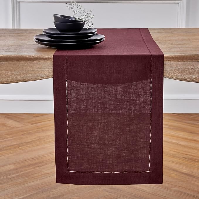 Solino Home Linen Burgundy Table Runner 132 Inches Long - 100% Pure Linen Extra Long Table Runner 14 x 132 Inch for Valentines, Winter, New Year - Classic Hemstitch