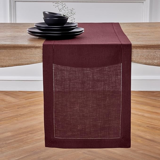 Solino Home Linen Table Runner 60 Inches - 100% Pure Linen Burgundy Hemstitch Table Runner 14 x 60 Inch Ideal for Dresser and Coffee Tables - Valentines, New Year, Winter - Classic Hemstitch