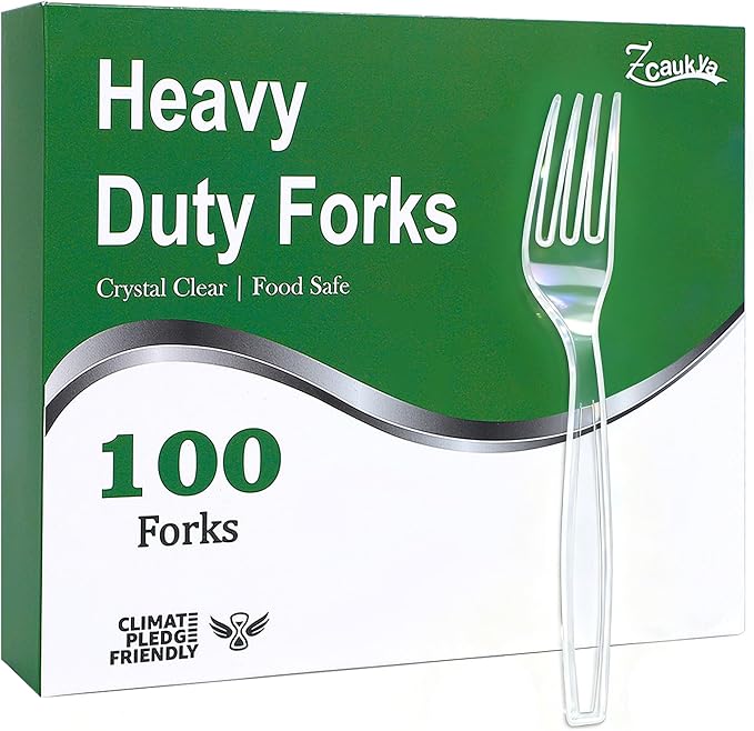 Zcaukya 100 Count Disposable Plastic Forks Set, Clear Plastic Forks Bulk, Heavy Duty Solid Utensils for Parties, Catering, and Everyday Use