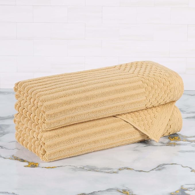 Superior Cotton Bath Towel Set of 2, Daily Use for Bathroom, Guest Bath, Quick Dry, Spa, Resort Towels, Ribbed, Absorbent, Home Essentials, 2-Piece Bath Towels, Soho Collection, Gold