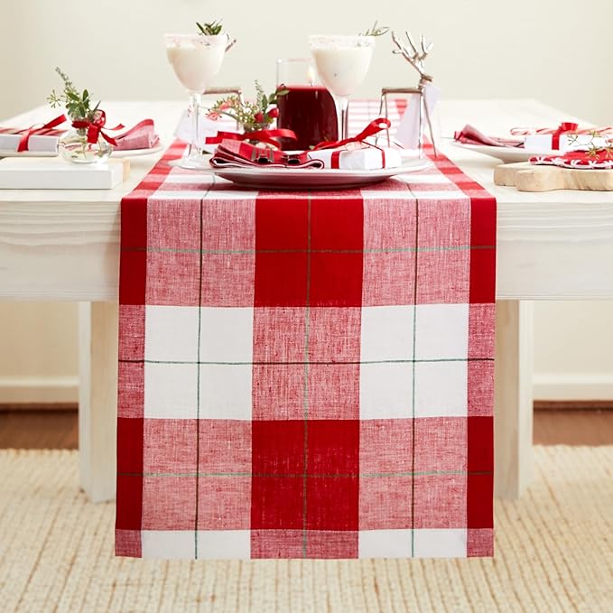 Solino Home Linen Table Runner 132 Inches Long - 100% Pure Linen Red and White Very Merry Tartan Plaid Table Runner 14 x 132 Inch for Dining, Holiday, New Year