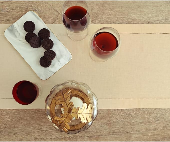 Solino Home Linen Beige Table Runner 108 Inches Long - 100% Pure Linen 14 x 108 Inch Table Runner for New Year - Classic Hemstitch