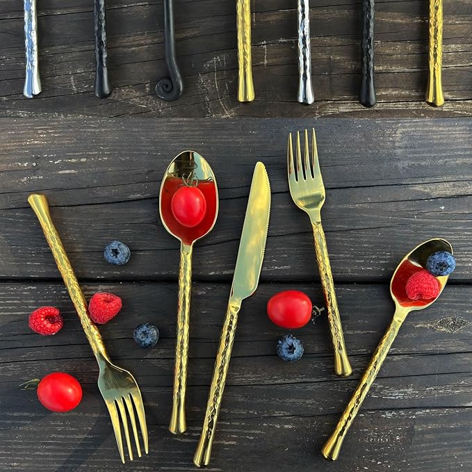 Glam Forged 20-Piece Titanium Gold Silverware Set, 18/10 Stainless Steel Flatware Service for 4, Shiny Gold Flatware, Unique Cutlery Set for Home Kitchen Restaurant Wedding, Dishwasher Safe