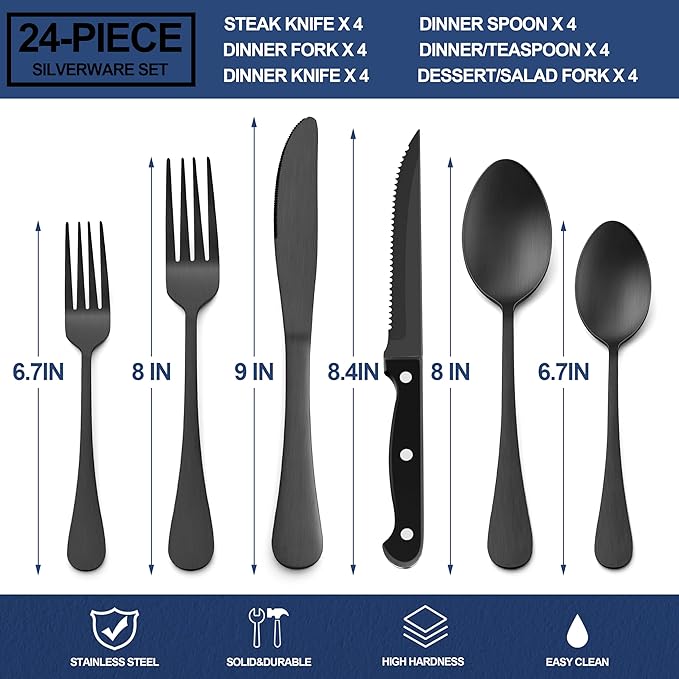 E-far 24-Piece Black Silverware Set with Steak Knives, Stainless Steel Flatware Cutlery Set for 4, Matte Black Metal Eating Utensils Sets Include Forks and Spoons Knife, Modern Design & Rust Proof