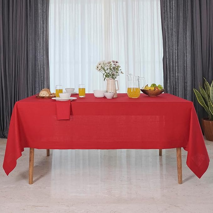 D'Moksha Homes Bright Red Linen Tablecloth 54 x 72 Inch - 100% Pure Linen Tablecloth for Rectangle Tables - Machine Washable Table Cloth for Winter, Holiday, New Year