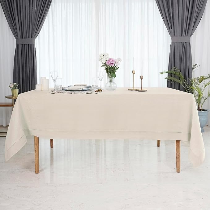 D'Moksha Homes Light Natural Linen Tablecloth for Rectangle Tables 60 x 90 Inch - 100% Pure Linen Natural Table Cloth - Classic Hemstitch, Machine Washable Tablecloth for Christmas, Holiday, New Year