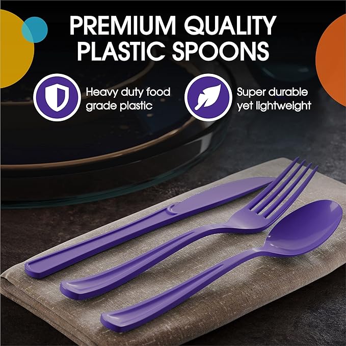 Party Solids Purple Plastic Spoons 200 Pieces Purple Spoons Disposable Utensils Heavy Duty Plastic Cutlery Set Disposable Cutlery Sets Flatware Sets Silverware Set Party Supplies & Party Tableware