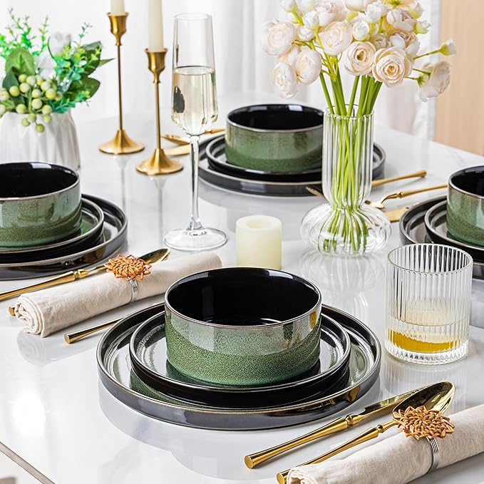 LERATIO Ceramic Dinnerware Sets for 4,Round Reactive Glaze Ceramic Plates and Bowls Set,Highly Chip and Crack Resistant | Dishwasher & Microwave Safe Dishes Set,Service for 4 (12pc)-Green