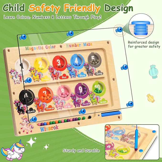 2 in 1 Double Side Magnetic Color and Number Maze, Alphabet Board Aged 1-3 Unicorn Toys, Montessori Magnet Puzzle Learning Counting Matching Gifts for Toddlers Kids Girls Boys 3 4 5 Year Old Christmas