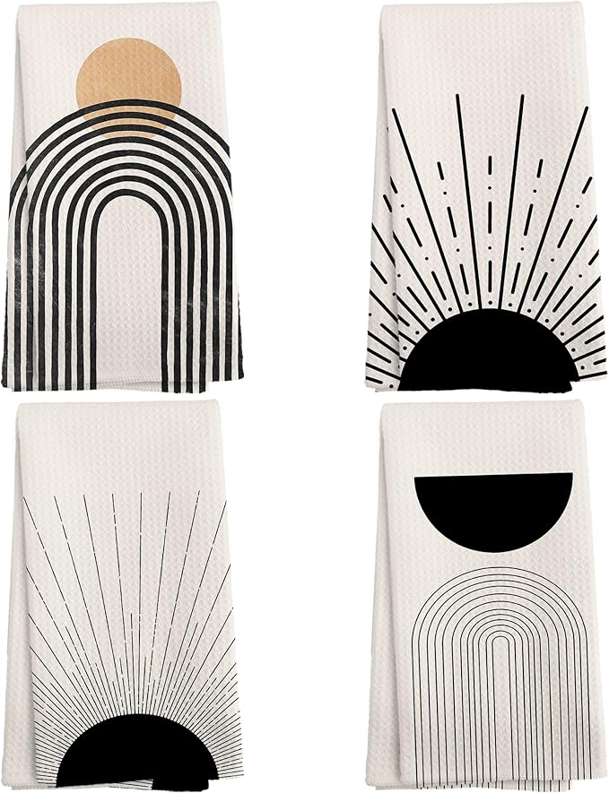 Boho Abstract Kitchen Towels and Dishcloths Set of 4, Boho Hand Towels, Mid Century Modern Abstract Minimalist Sunshine Drying Cloth Hand Dish Tea Towel for Bathroom Kitchen, 16x24 Inches