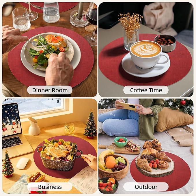 15 inch Faux Leather Round Placemats Set of 4 Non-Slip Washable Wipeable Table Mats, Heat Resistant Waterproof Oilproof Red Place Mats for Christmas, Kitchen, Dining, Party, Outdoor