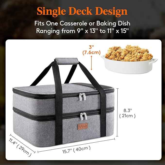 Lifewit Double Decker Insulated Casserole Carrier for Hot or Cold Food, Casserole Dish Carrying Case, Lasagna Holder for Potluck Parties/Picnic/Cookouts, Fits 9"x13" Baking Dish, Grey