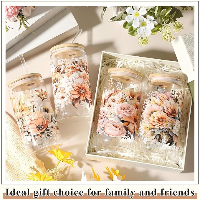 Mumufy Gift for Women Cute Glass Cup Tumbler Flower Iced Coffee Mugs 16 oz Glass with Bamboo Lid & Straw, Mothers Day Birthday Gift for Mom Sister Bridesmaid Baby Shower(4 Pack,Fall Flower)