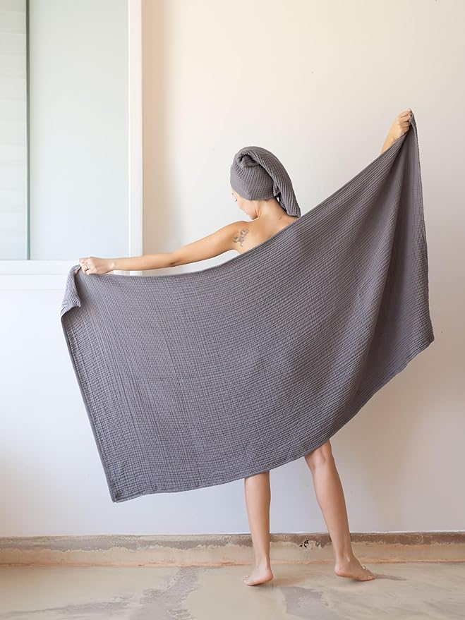 4 Pieces Muslin Towel Set for Bathroom, Luxury 100% Turkish Cotton Thin Soft Quick-Dry Lint-Free Large Size Bath Hand Towel Sets (Dark Gray, 2 Bath & 2 Hand Towel Set)