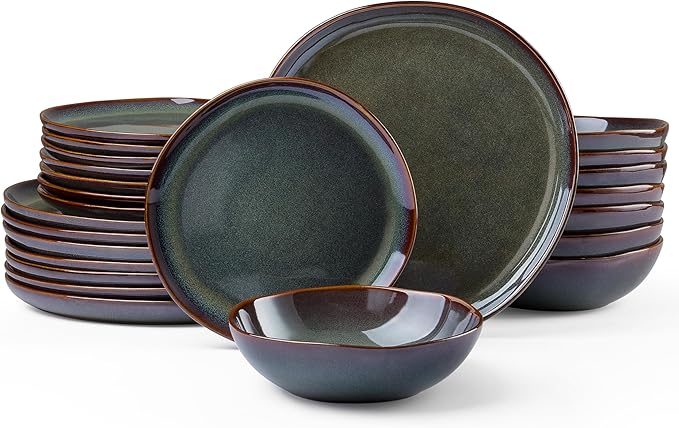 HaWare Dinnerware Sets, 24-Piece Stoneware Plates and Bowls Set, Dish Set for 8, Ceramic Dishware for Home Restaurant, Chip and Scratch Resistant, Microwave and Dishwasher Safe, Reactive Moss Green