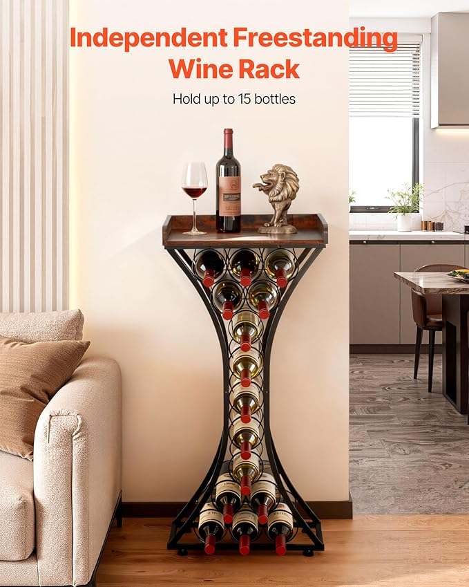 VEVOR 15 Bottle Wine Rack, Freestanding Floor Wine Holder Stand Liquor Cabinet with Wood Tabletop, Easy Assembly Floor Storage Rack, for Home Bar Kitchen Living Room Dining Room, Black