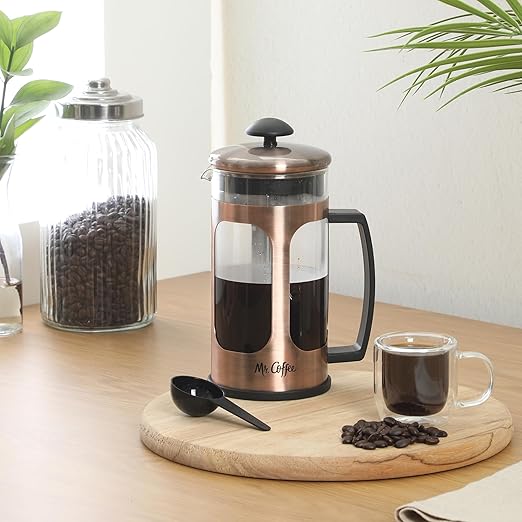 Mr. Coffee Daily Brew French Press Coffee Maker, 30-Ounce Glass Carafe with High Heat Resistant Durable Borasilicate Glass & Copper Metal Frame and Plunger, Includes Coffee Scoop