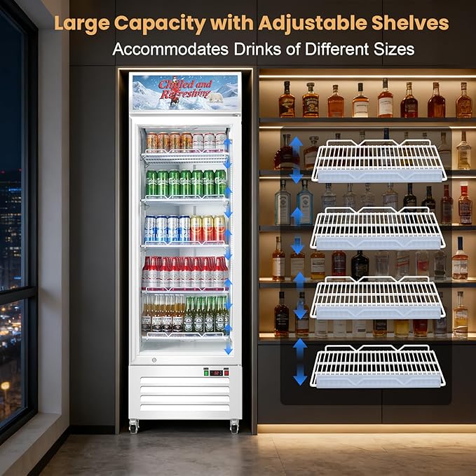 Commercial Beverage Refrigerator with Glass Door, 383L Display Fridge Beverage Cooler with Customizable Lightbox Adjustable Shelves, Drink Fridge Merchandiser for Restaurant Shop, White