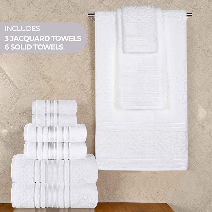 Superior Cotton 9 Piece Assorted Floral Towel Set, Includes 3 Bath, 3 Hand, 3 Washcloth/Face Towels, Quick Dry, Home Essentials, Shower, Spa, Luxury Plush Soft Absorbent Towels, Zero Twist, White