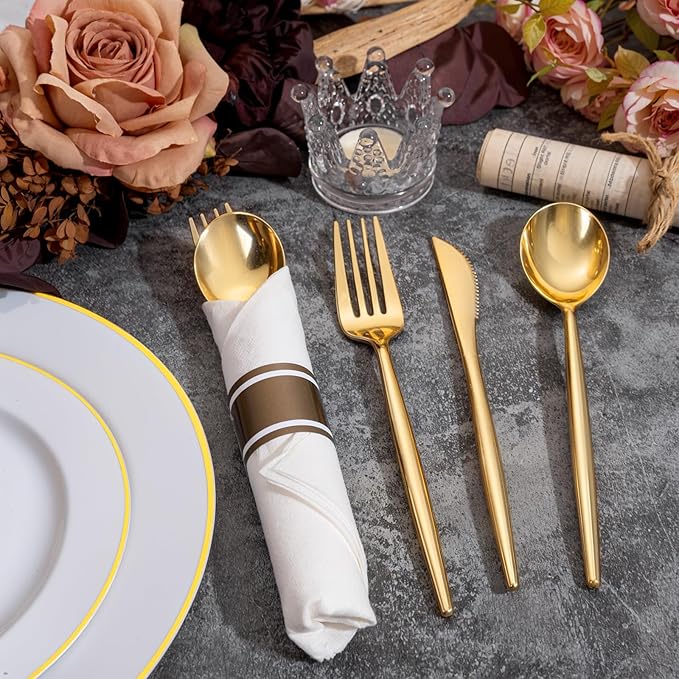 SUT 100 Pack Pre Rolled Silverware Set Disposable, 400pcs Gold Plastic Utensils Include 100 Forks, 100 Knives, 100 Spoons and 100 Napkins, Wrapped Plastic Cutlery Set With Napkin for Wedding