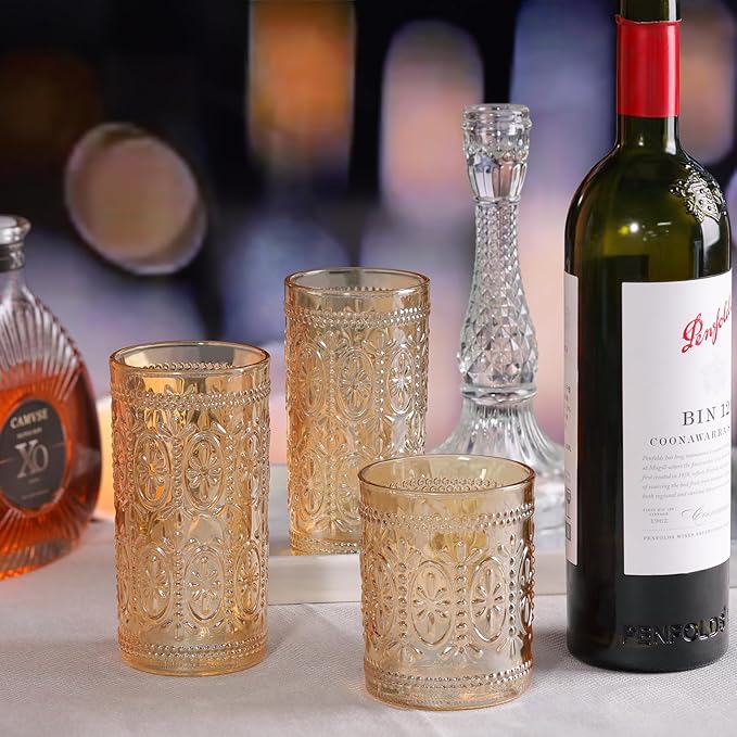 6 Pack Amber Glassware Set, 10oz Vintage Drinking Glasses, Colored Water Glasses, Amber Embossed Glass Cups for Party Wedding Home Office Gift