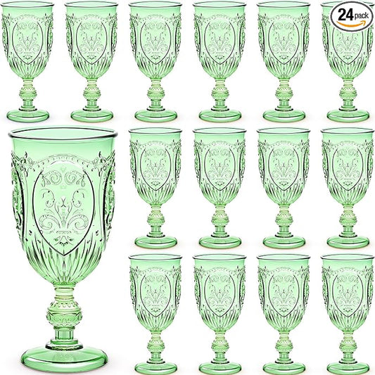 24 Pcs Plastic Goblets 7.5oz Vintage Goblet Plastic Wine Glasses Colored Retro Embossed Water Goblets for Wine Bar Juice Baby Shower Wedding Reception Grand Event Party (Green)