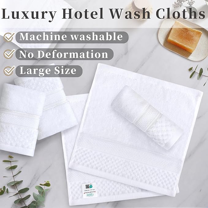 VOOVA & MOVAS Luxury Hotel-Grade Washcloths 6PC (12"X12",580GSM)- 100% Cotton, Ultra-Soft & Highly Absorbent, Long-Lasting Durability, Body and Face Wash Cloths, Face Towels for Bathroom,Solid White