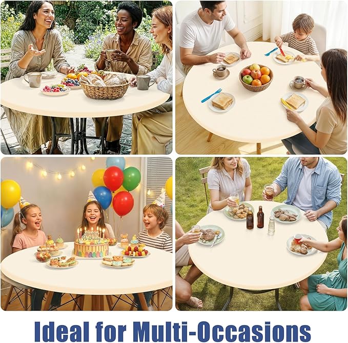 Round Spandex Tablecloth, Elastic Fitted Waterproof Tablecloths for 18"-24" Tables, Stretch Washable Picnic Table Cover for Camping, Dining, Indoor and Outdoor, Beige