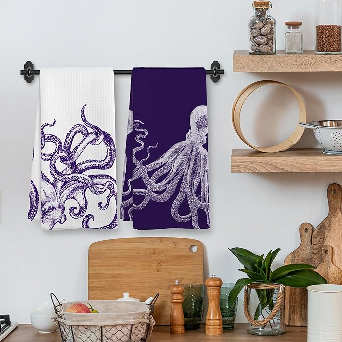 Coastal Octopus Halloween Decor Dish Hand Tea Towels for Bathroom Kitchen, Octopus Ocean Cryptid Spooky Home Bathroom Decor, Coastal Nautical Kitchen Towels and Dishcloths Sets of 2, 16x24 In