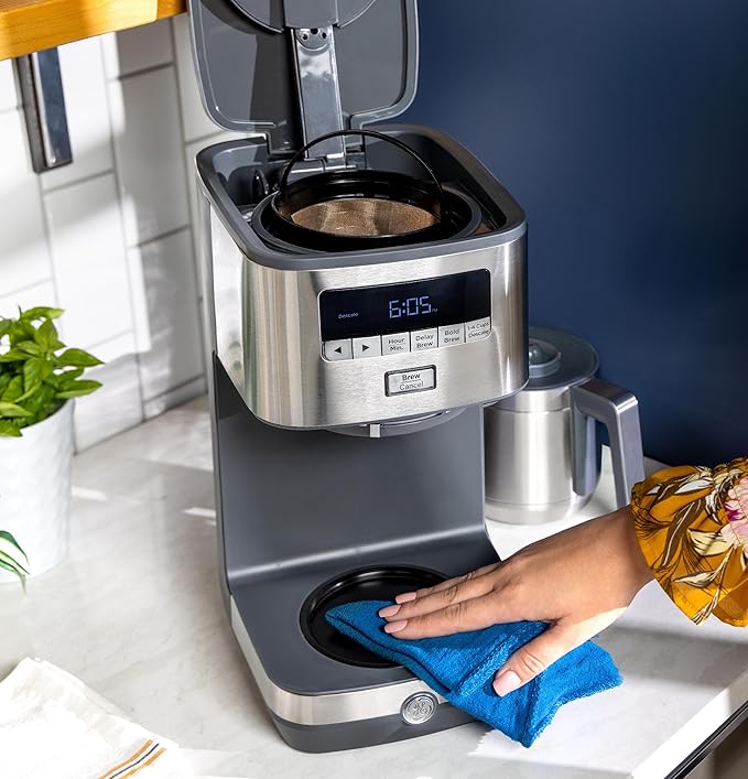 GE Drip Coffee Maker With Timer | 10-Cup Thermal Carafe Coffee Pot Keeps Coffee Warm for 2 Hours | Adjustable Brew Strength | Wide Shower Head for Maximum Flavor | Kitchen Essentials | Stainless Steel