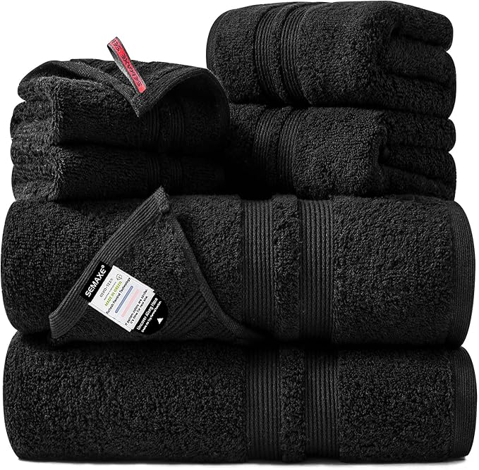 SEMAXE Solid 6-Piece Towel Set, Black, 600GSM 100% Cotton, 2 Each of Bath Towel, Hand Towel, and Washcloths, Gift Box Packaging, Hanging Loop Design