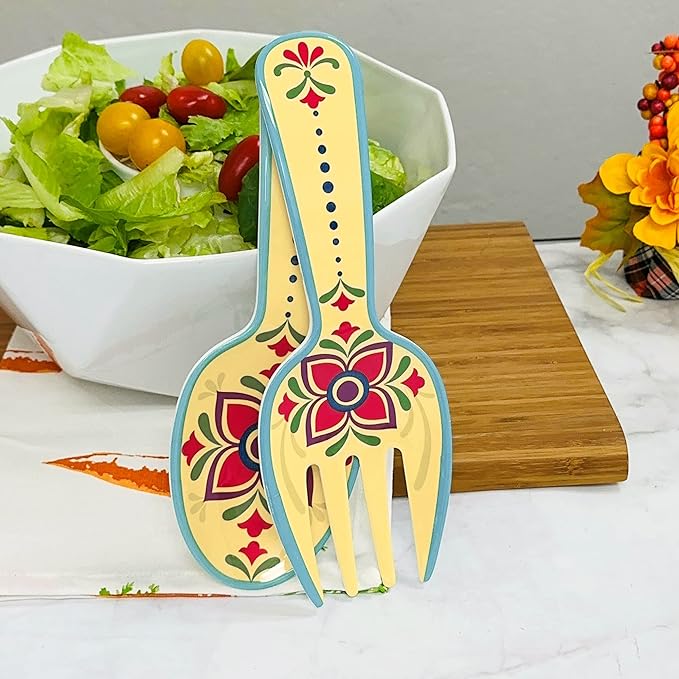 UPware Fiesta Floral Melamine Salad Servers, Serving Utensil Set, Includes Serving Fork and Spoon for Tossing Salad, Pasta, Multicolor, 10.75 Inch, Set of 2