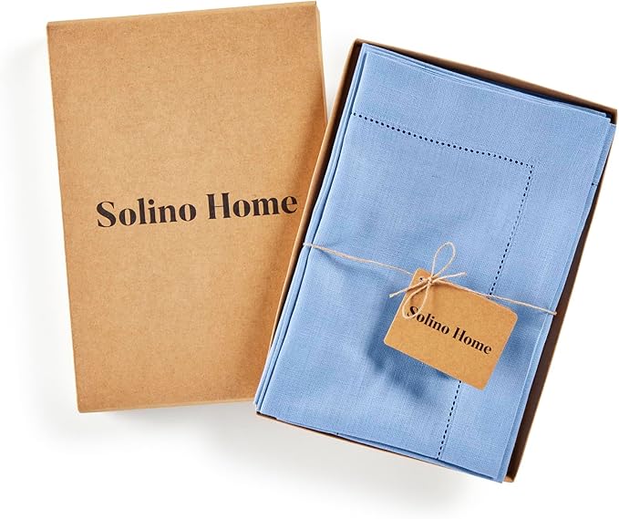 Solino Home Linen Cloth Napkins Set of 4-100% Pure Linen Cornflower Blue Dinner Napkins 20 x 20 Inch - Classic Hemstitch, Handcrafted and Machine Washable - Holiday, New Year