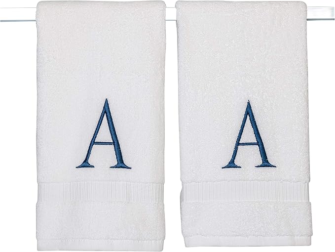 Monogrammed Hand Towels for Bathroom - Luxury Hotel Quality Personalized Initial Decorative Embroidered Bath Towel for Powder Room, Spa - GOTS Organic Certified - Set of 2 Navy Letter A