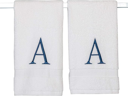 Monogrammed Hand Towels for Bathroom - Luxury Hotel Quality Personalized Initial Decorative Embroidered Bath Towel for Powder Room, Spa - GOTS Organic Certified - Set of 2 Navy Letter A