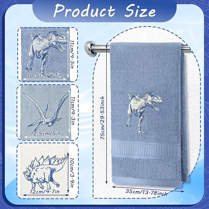 3 Pcs Dinosaur Decorative Hand Towels for Bathroom 13.5x29.5in Funny Dino Embroidered Bathroom Towels, Soft Absorbent 100% Cotton Hand Towels for Bath Room Kitchen(Blue)