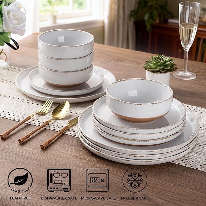 AmorArc 24 Pieces Ceramic Dinnerware Sets for 8, Handpainted Stoneware Plates and Bowls Set with Rustic Terracotta Underside, Scratch Resistant Dishes Set, Dishwasher & Microwave Safe, White