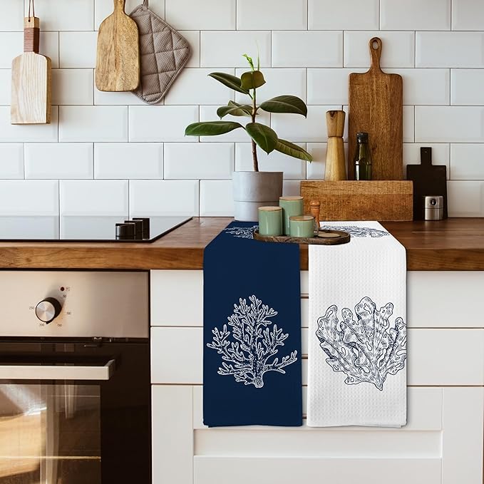 Coastal Beach Coral Summer Bathroom Hand Towels Sets of 2, Nautical Beachy Ocean Theme Bathroom Decor Accessories, Coastal Navy Blue Decor Kitchen Dish Tea Towels for Kitchen, 16x24 Inch