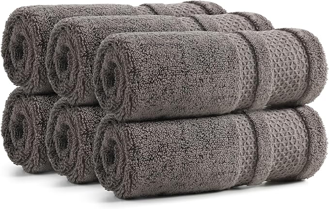 REDKISS Luxury Washcloths for Showering, 13x13 inch, 100% Cotton Premium Wash Cloths Set of 6, Super Soft and Highly Absorbent Face Towels for Bathroom, Spa, Gym and Hotel, Brown