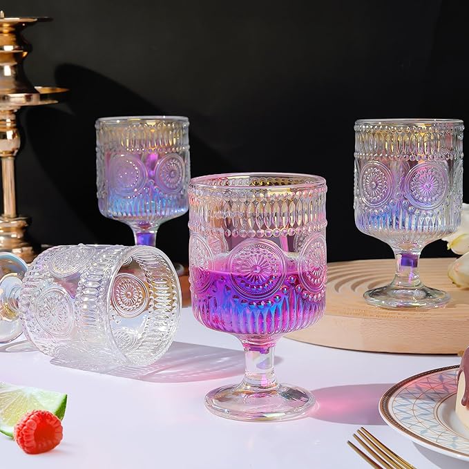 Joeyan Vintage Iridescent Wine Glasses,Embossed Water Goblet Glasses with Sunflower Patterns,Rainbow Beaded Decorative Stemmed Glass Tumbler Cups,Glassware for Party Wedding Anniversary,7 oz,4 pcs
