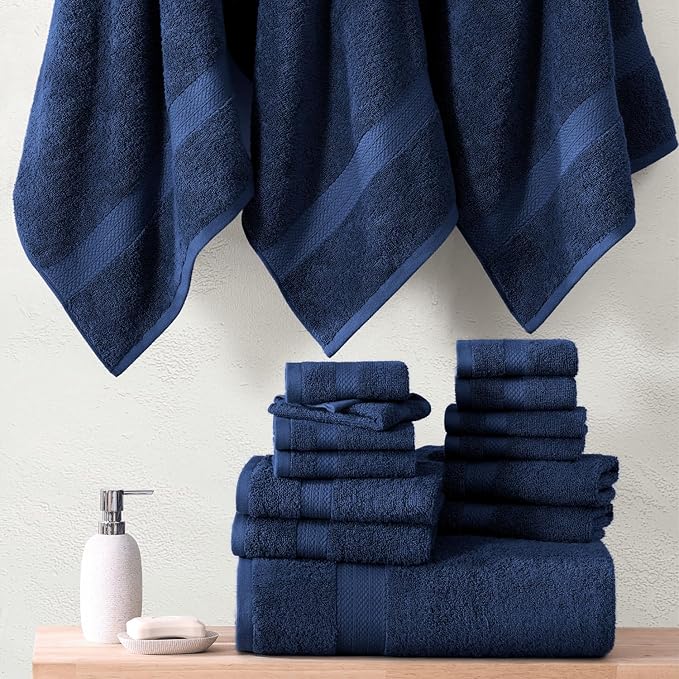 LANE LINEN 100% Ringspun Cotton Premium Turkish Bath Towel Set, 18Cs - 4 Bath Towels, 8 Washcloths, 6 Hand Towels for Bathroom - Eco Friendly & Gentle on Skin, Oeko-Tex Certified - Navy Blue
