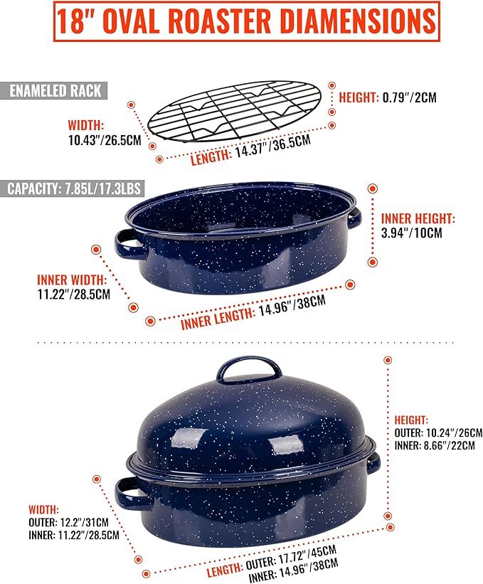 Roasting Pan with Lid and Rack 18" Deep Large Oval Enamel Roaster Pan, Oven Dishwasher Safe Non-Stick Non-Toxic Roast Pot for Turkey Steak Roasts & Bread, Wife's Christmas Gift
