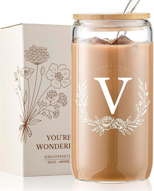 Personalized Gifts for Women, Monogrammed 16oz Glass Cups with Bamboo Lids and Straws, Customized Glass Tumbler, Cute Custom Mug, Customizable Initial Iced Coffee Glasses, Birthday Bridesmaid Mom, V