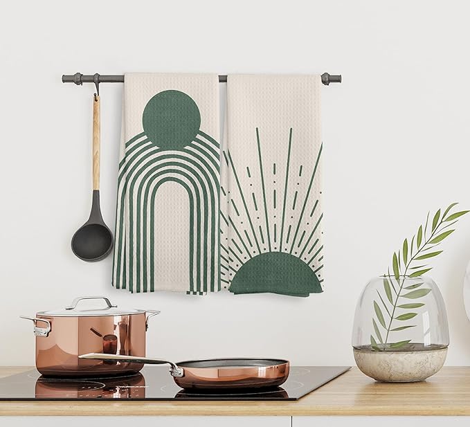 Beige Green Sunrise Moon Rainbow Kitchen Towels and Dishcloths Sets of 2, Bohemian Decorative Towels, Abstract Arch Drying Cloth Hand Towels for Bohemian Bathroom Kitchen Decor, 16×24 Inches