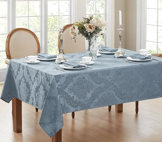 Newbridge Christmas Barcelona Damask Fabric Tablecloth, 52 x 52 Inch Square, Blue – No Iron, Soil Resistant Table Cover for Dining, Parties and Holidays