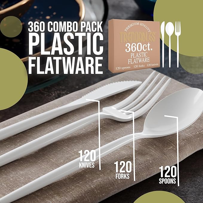Trendables White Plastic Silverware Set White Silverware Disposable Forks and Spoons Disposable 360 Pack Plastic Utensils Set Includes 3 x 120 each Knives & Spoons & Forks For Parties and Events