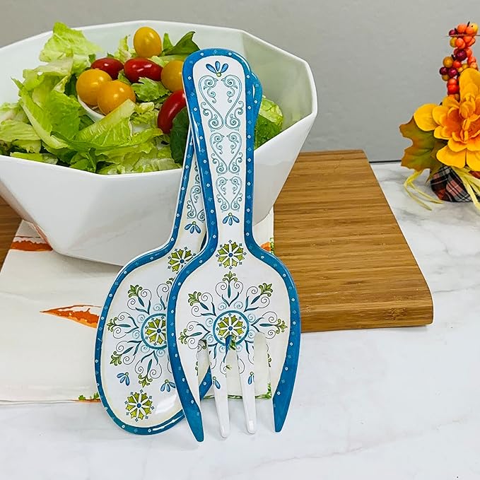 UPware Jewel Medallion Melamine Salad Servers, Serving Utensil Set, Includes Serving Fork and Spoon for Tossing Salad, Pasta, Blue, 10.75 Inch, Set of 2