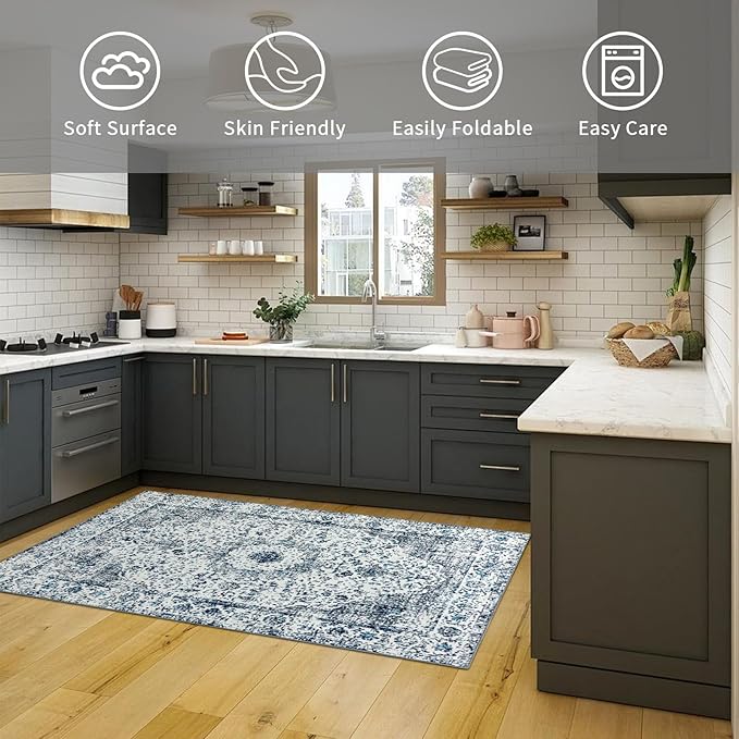 Easy-Going Boho Area Rug 3x5 Entryway Rug Washable Inside Door Mats for Home Entrance Non-Slip Vintage Small Rugs for Entry Living Room Bedroom Kitchen Bathroom Lightweight Carpet, Floral Blue Cream