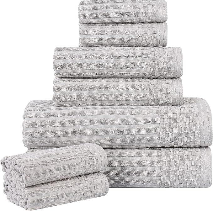 Cotton 8-Piece Solid and Ribbed Towel Set, Face Towels 13” x 13”, Hand Towels 16” x 28”, Bath Towels 27” x 54”, Silver by Superior